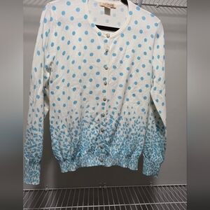 PAIGE Cascading Dots Button-Front Cardigan in White and Blue